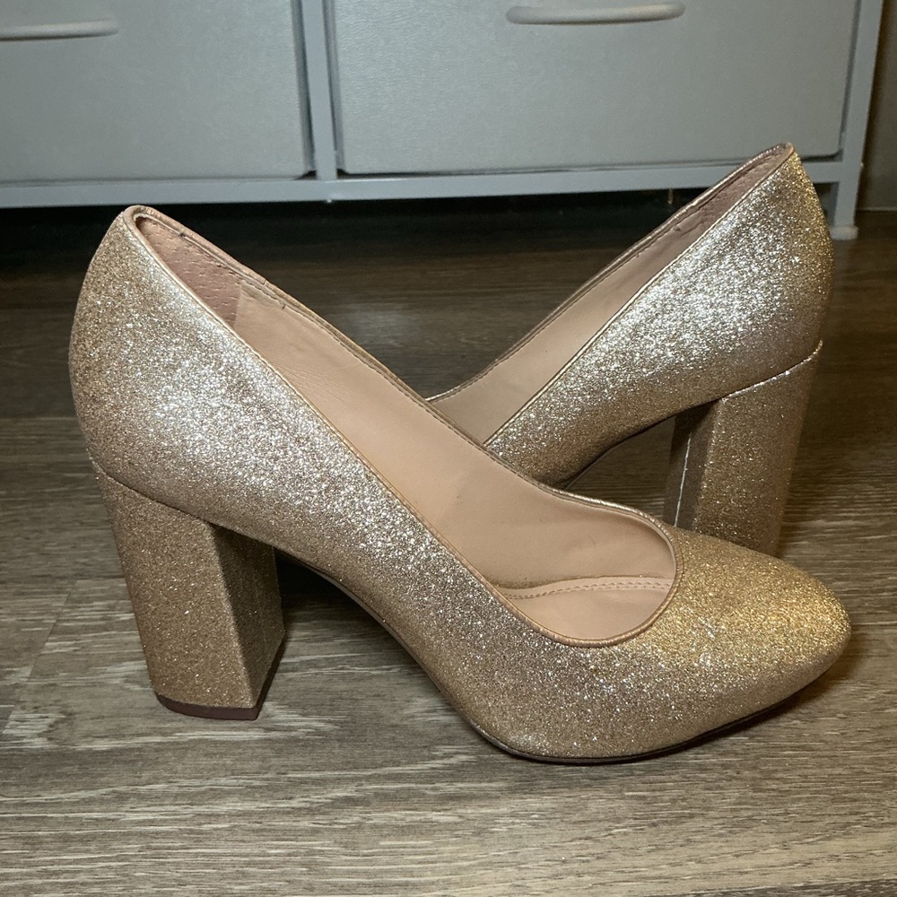 Gianni Bini Gold Glitter Block Heel Pumps